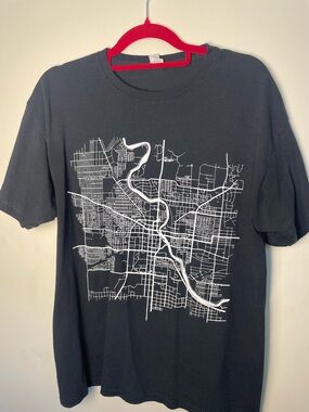 Jerzees Black Graphic City Map Tee with White Print, T-shirt Size L